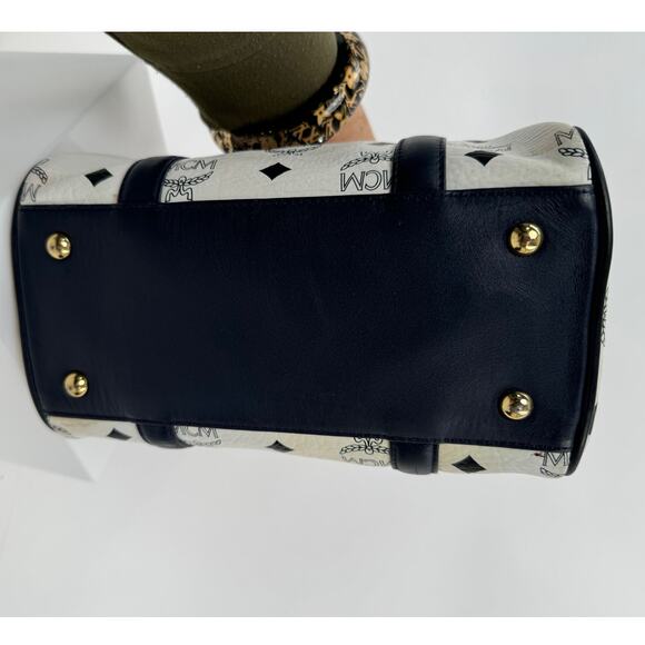 MCM Navy Blue and White Monogram Rare Boston Mini Top Handle Bag - Picture 3 of 6